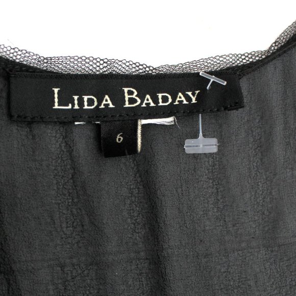Lida Baday Black Silk Top Ruffle Metallic detail Sheer Back V-neck Sleeveless - Picture 6 of 7